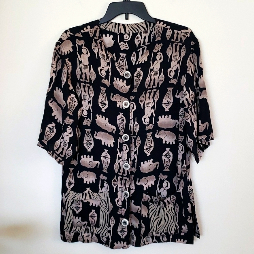Egyptian hyroglific elephant print metal detail button down shirt blouse.